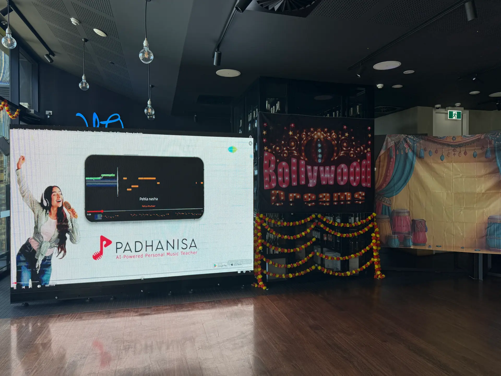 Indoor LED wall running content at a hotel function